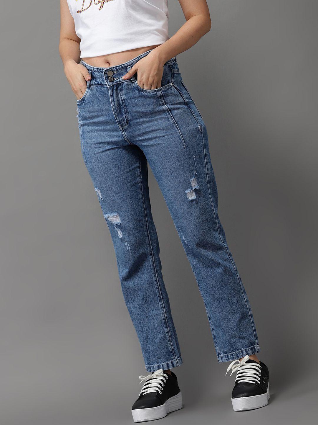 showoff women blue jean straight fit high-rise mildly distressed light fade jeans