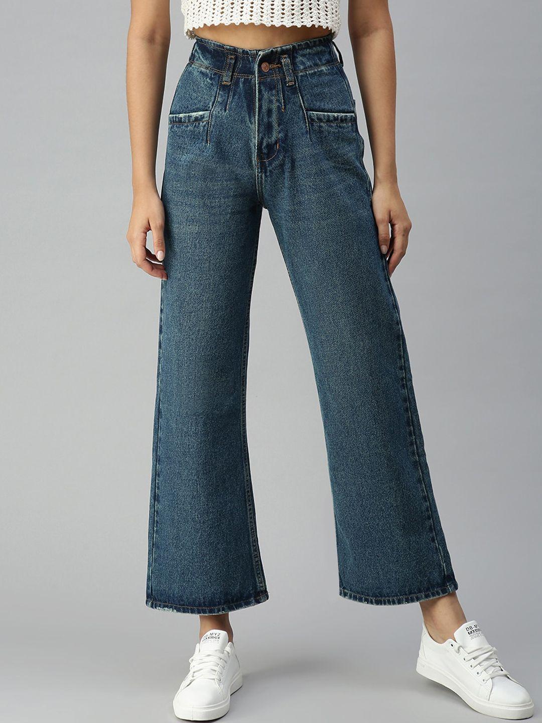 showoff women blue jean wide leg high-rise light fade jeans
