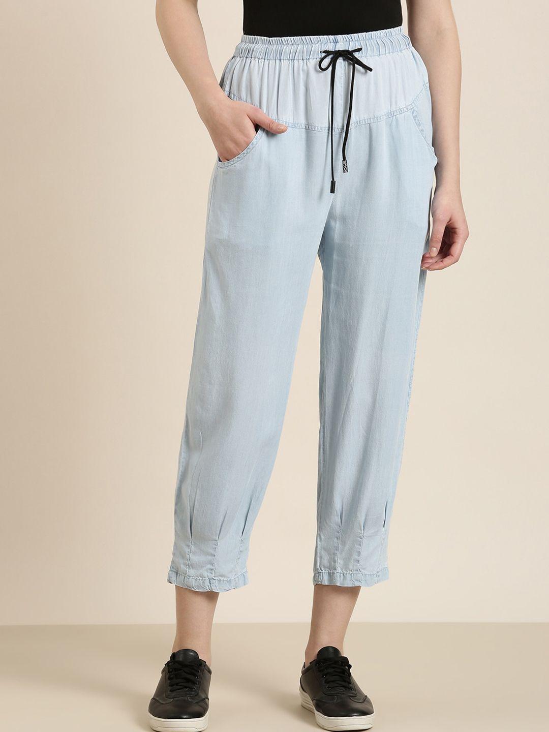 showoff women blue striped relaxed tapered fit high-rise trousers