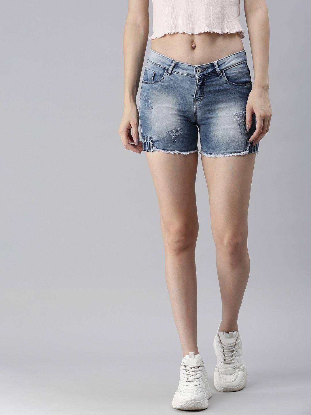 showoff women blue washed skinny fit distressed denim shorts