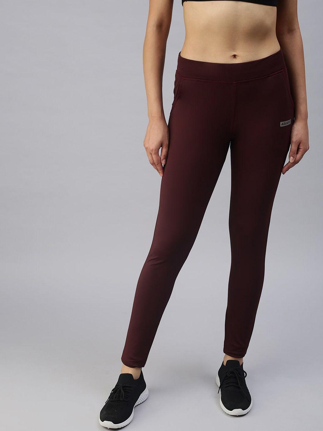 showoff women burgundy slim fit solid dry-fit tights