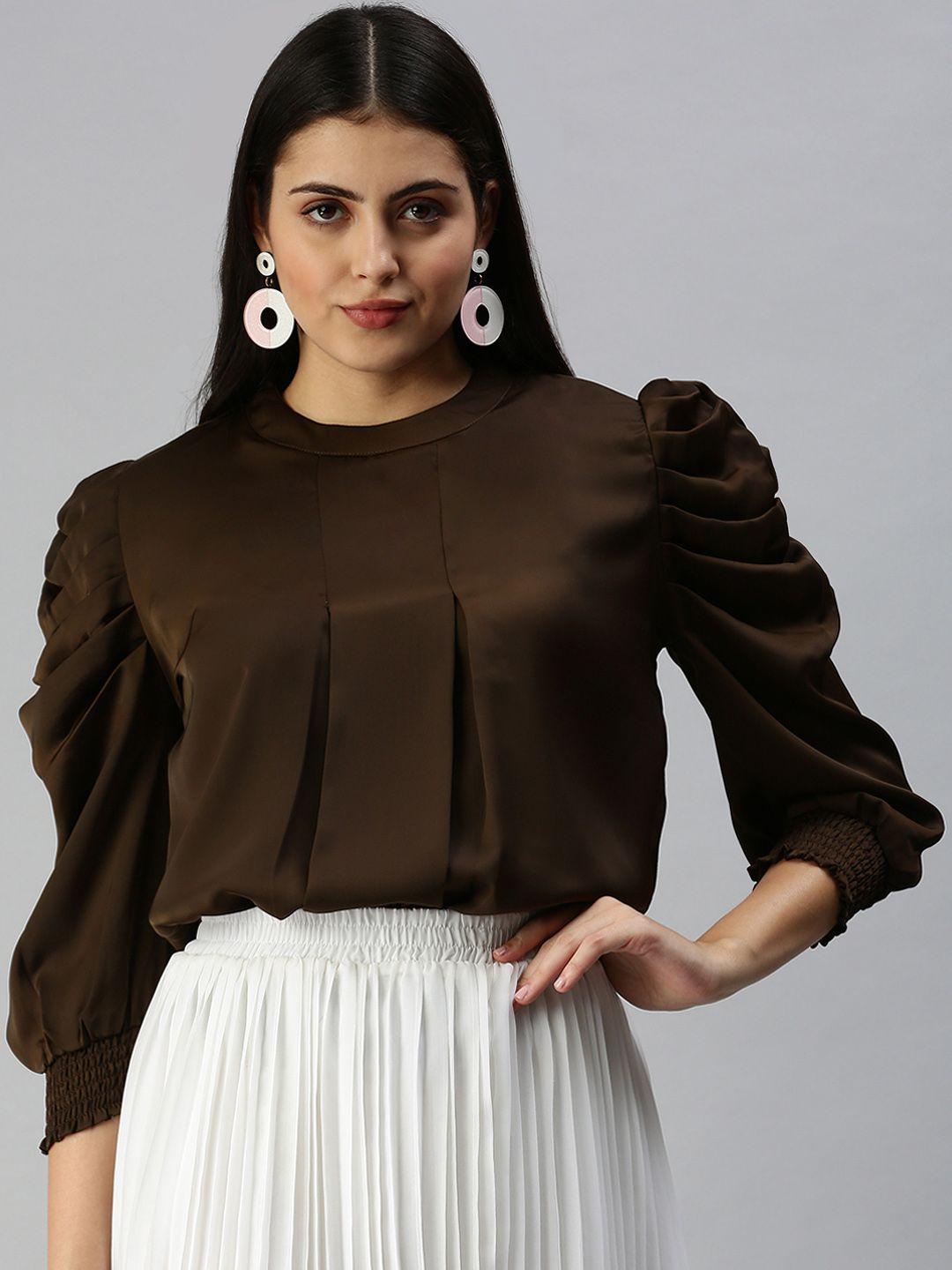 showoff women coffee brown solid smocked top