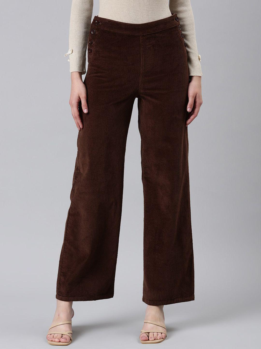 showoff women coffee brown straight fit high-rise cropped cotton parallel trousers