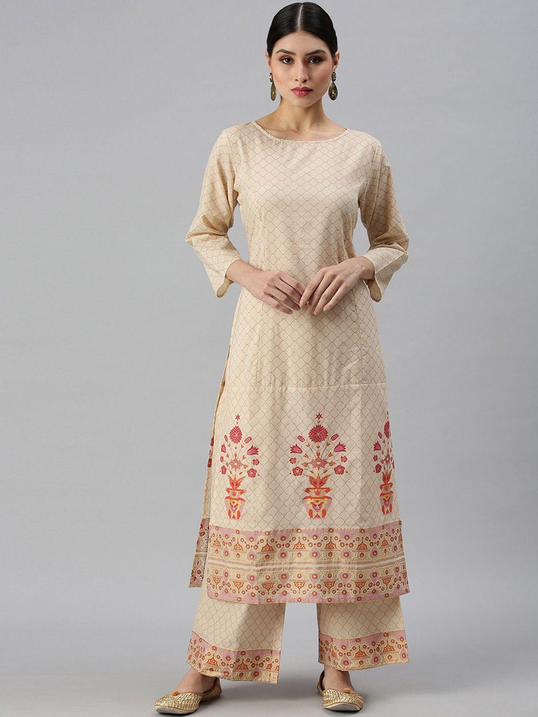 showoff women cream-coloured floral printed kurta with palazzos