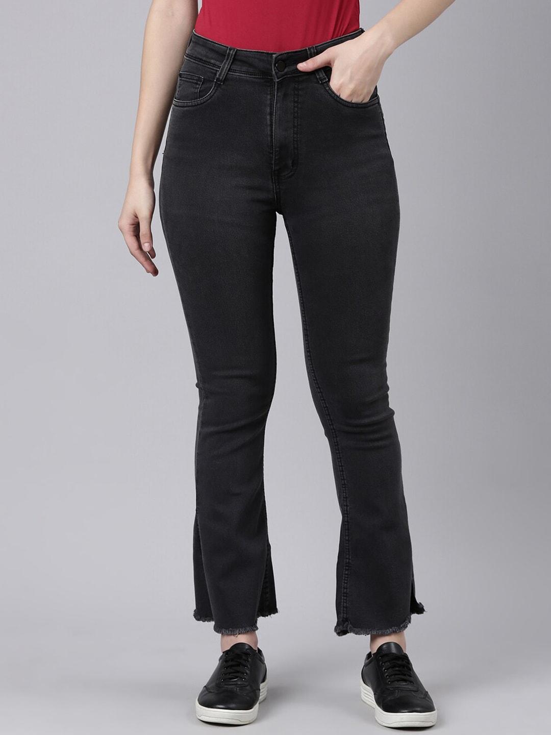 showoff women flared clean look frayed stretchable jeans