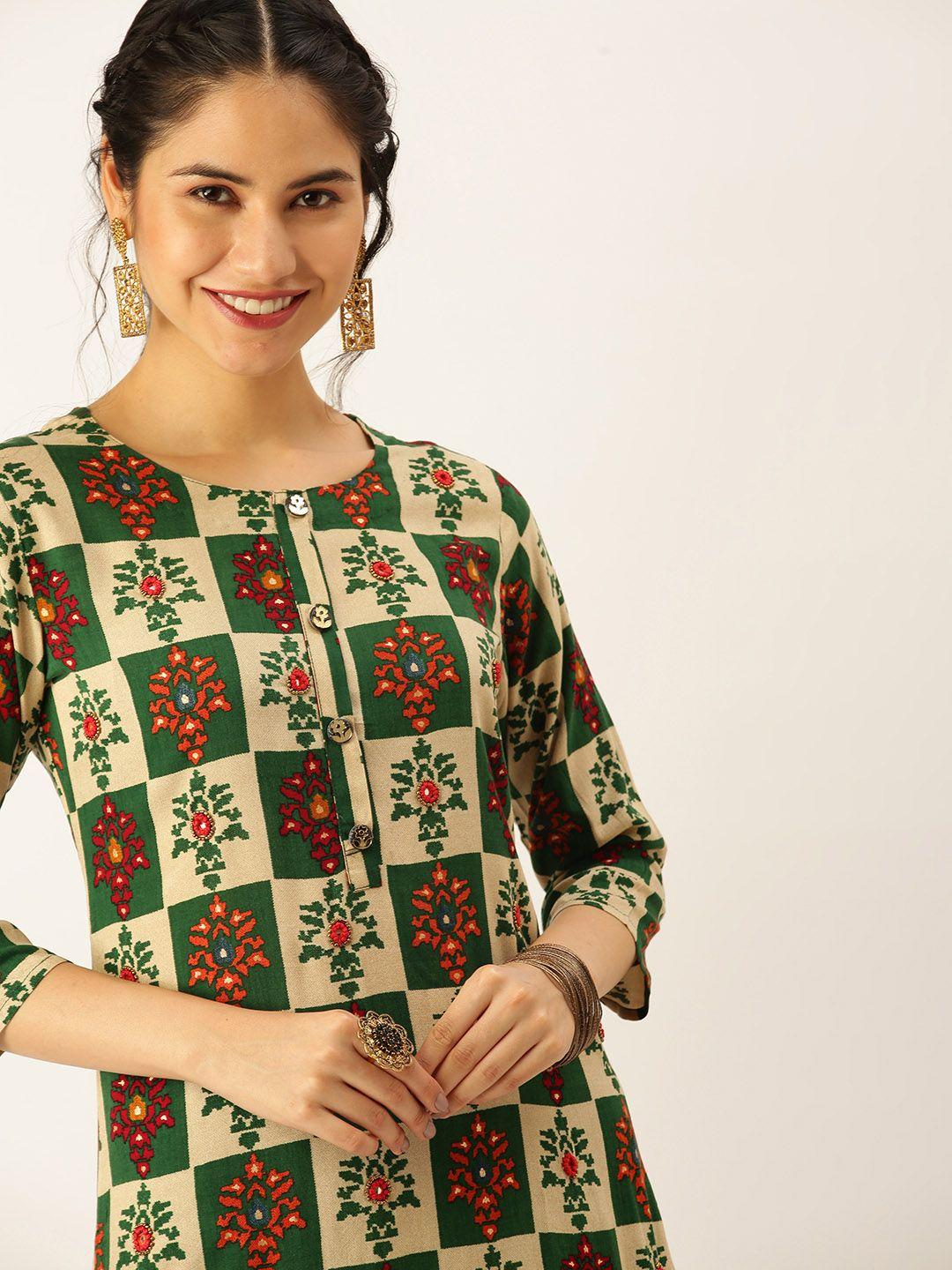 showoff women green ethnic motifs printed kurta with palazzos