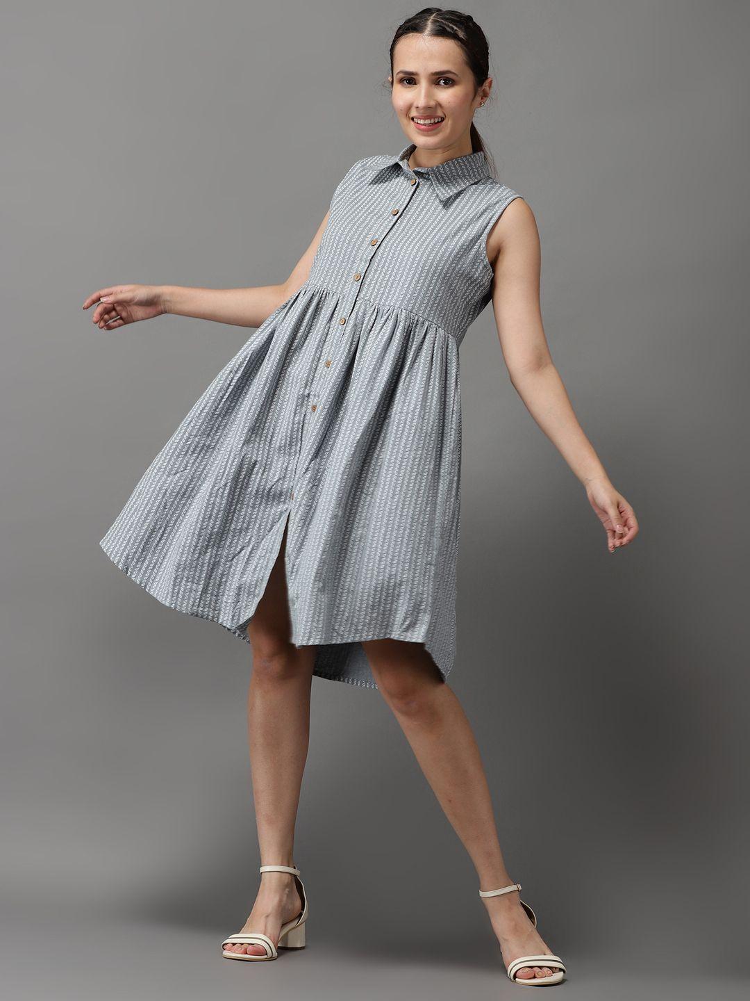 showoff women grey printed cotton shirt dress