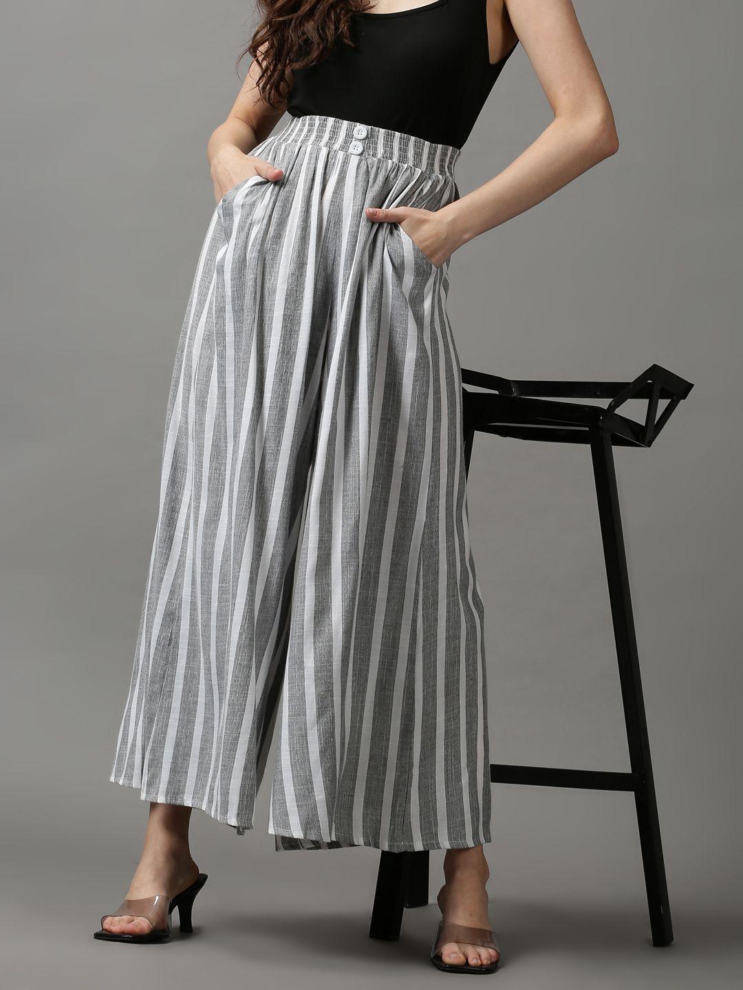 showoff women grey striped flared pleated trousers