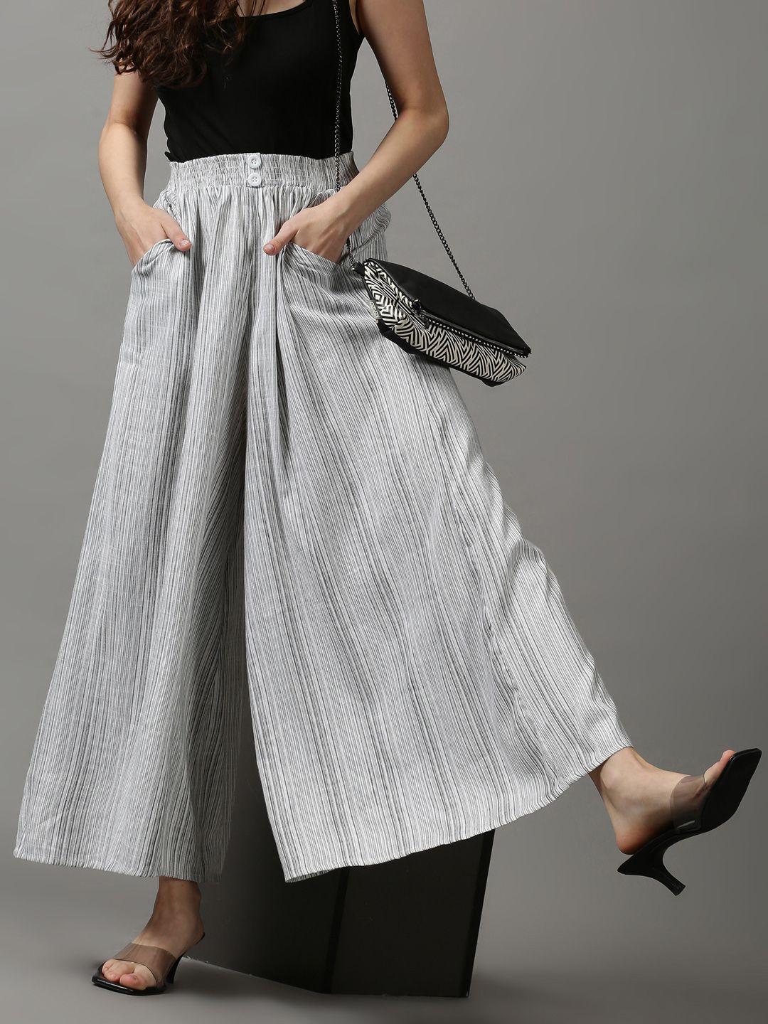 showoff women grey striped flared trousers