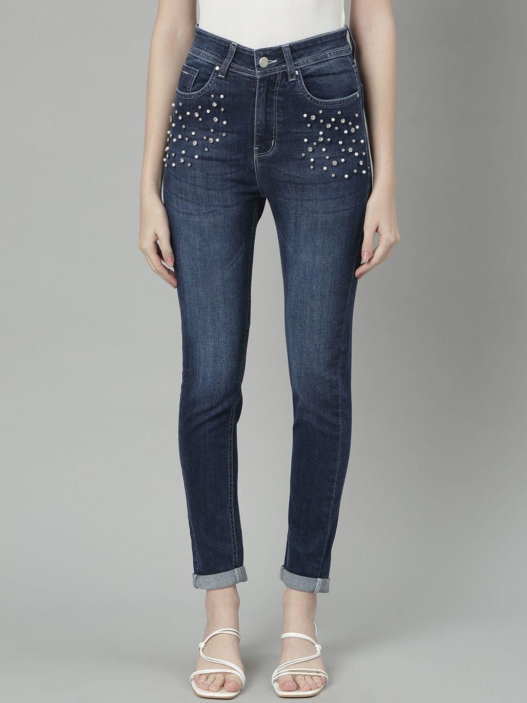 showoff women jean slim fit light fade embellished stretchable jeans