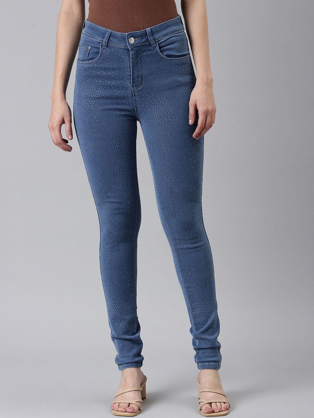 showoff women jean slim fit mid-rise embellished stretchable jeans