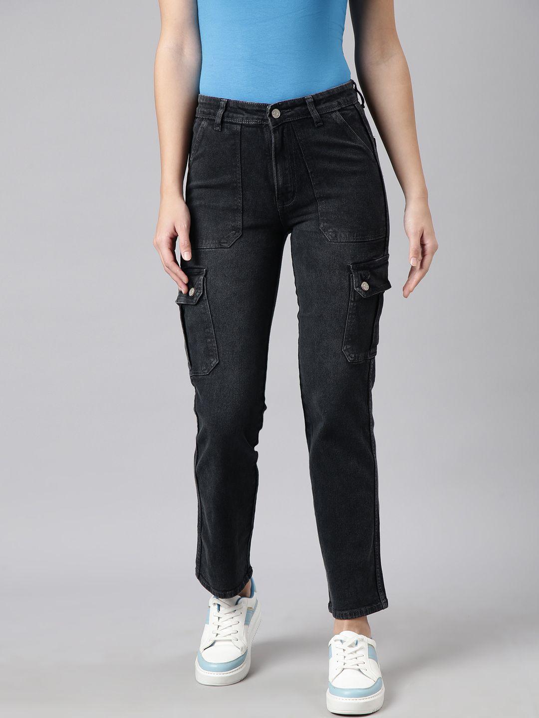 showoff women jean straight fit clean look light fade cargo jeans
