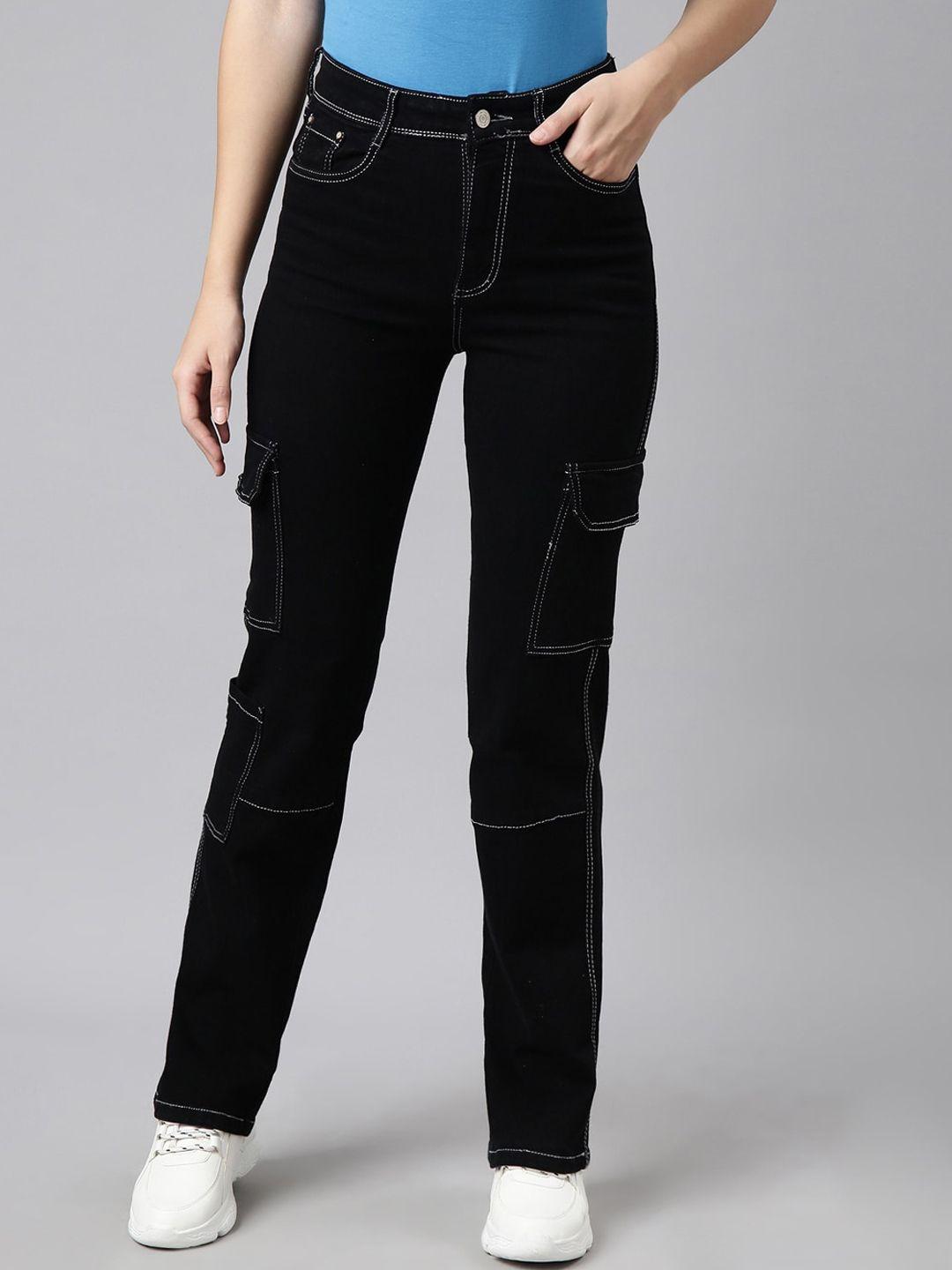 showoff women jean straight fit clean look stretchable cargo jeans