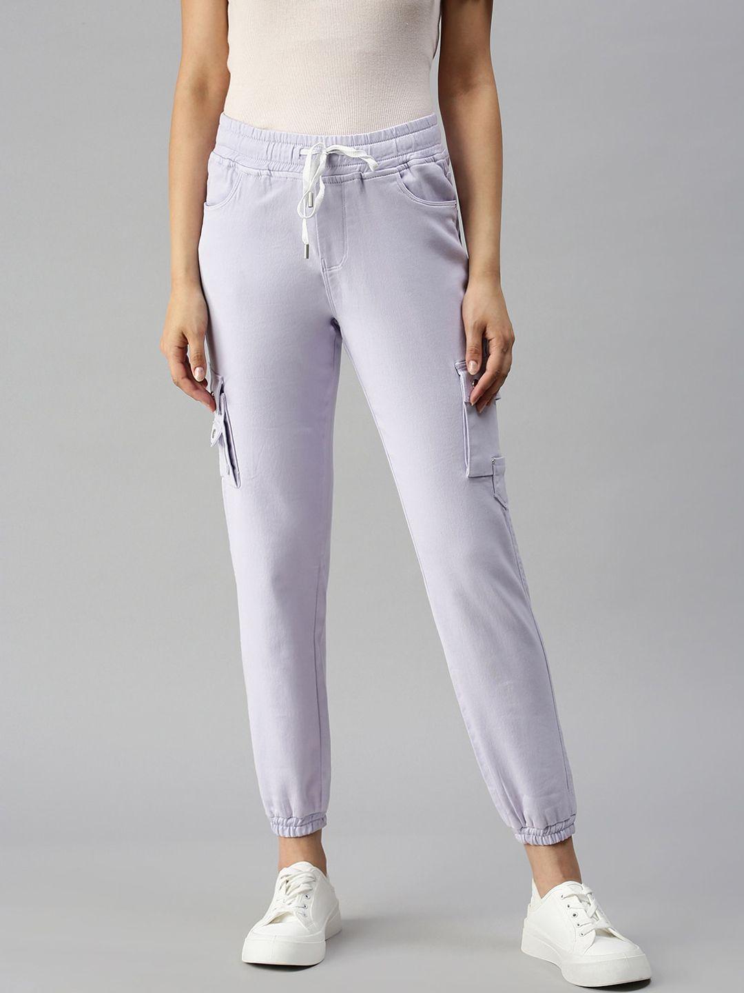 showoff women lavender jogger high-rise low distress cuffed hem stretchable denim jeans