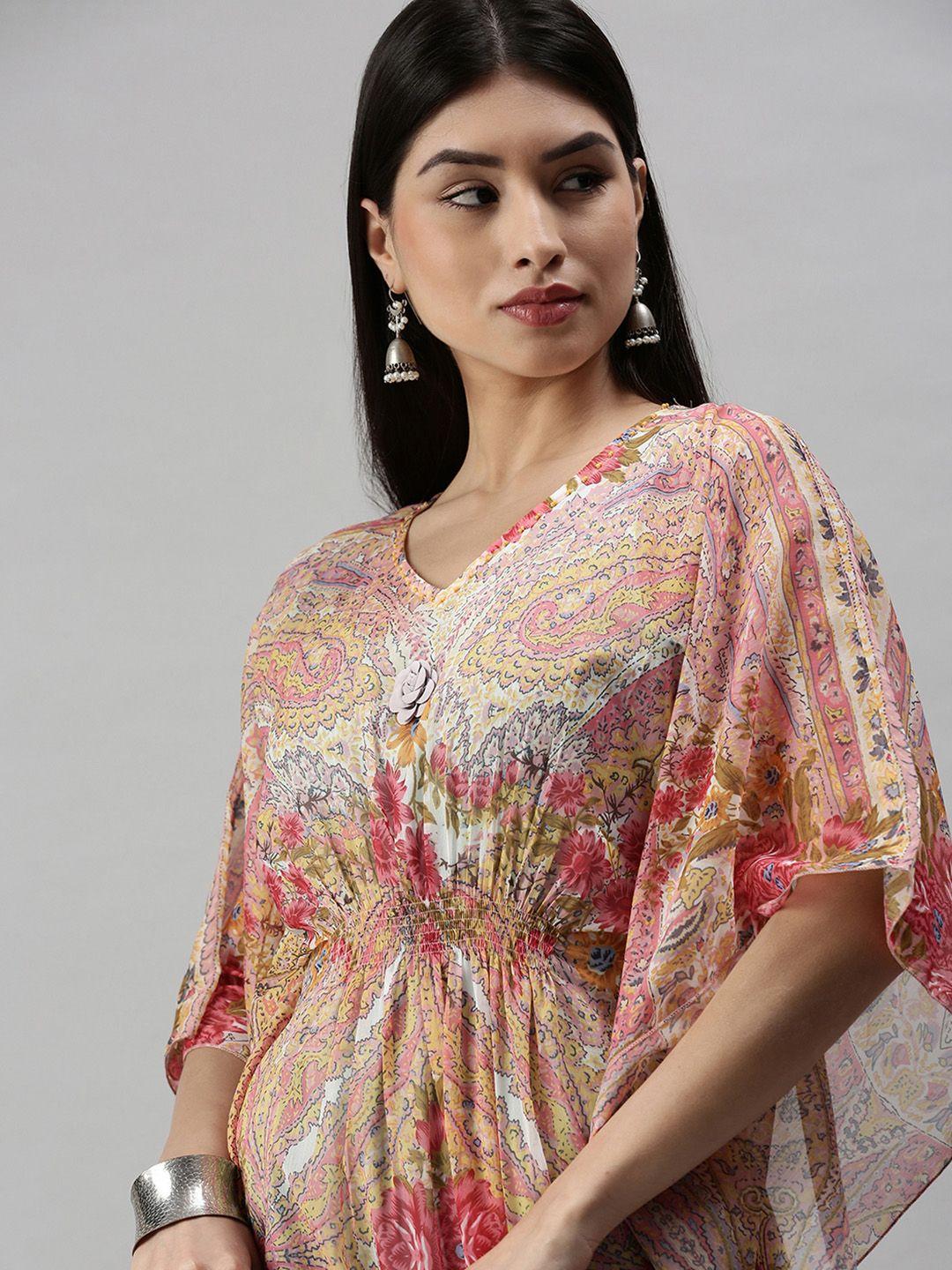 showoff women multicoloured floral beads & stones kaftan flared sleeves kurta