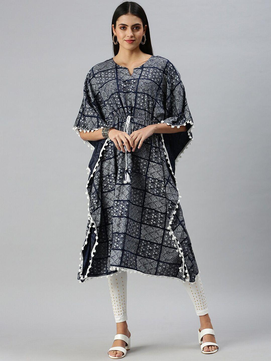 showoff women navy blue ethnic motifs printed flared sleeves kaftan kurta