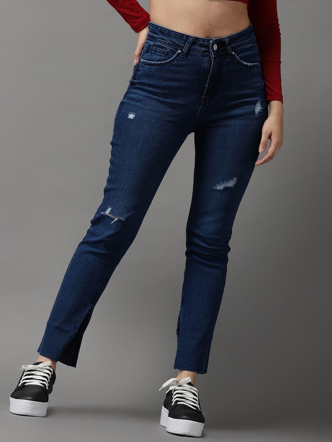 showoff women navy blue jean slim fit high-rise mildly distressed light fade stretchable jeans