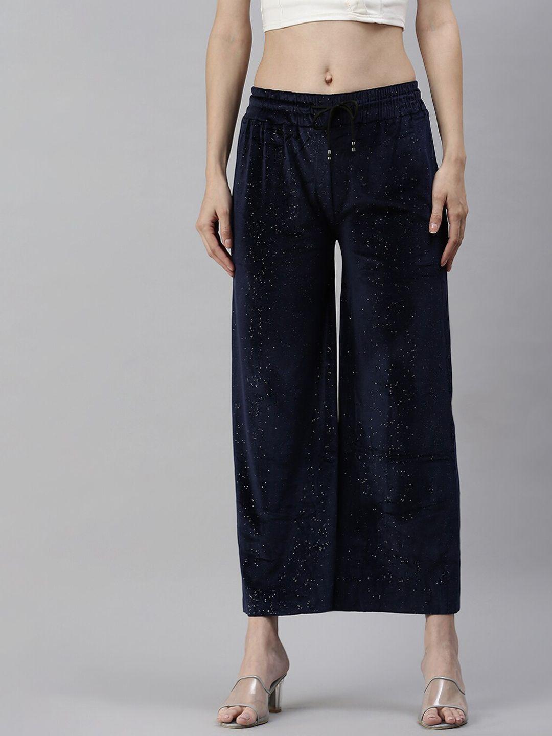 showoff women navy blue loose fit trousers