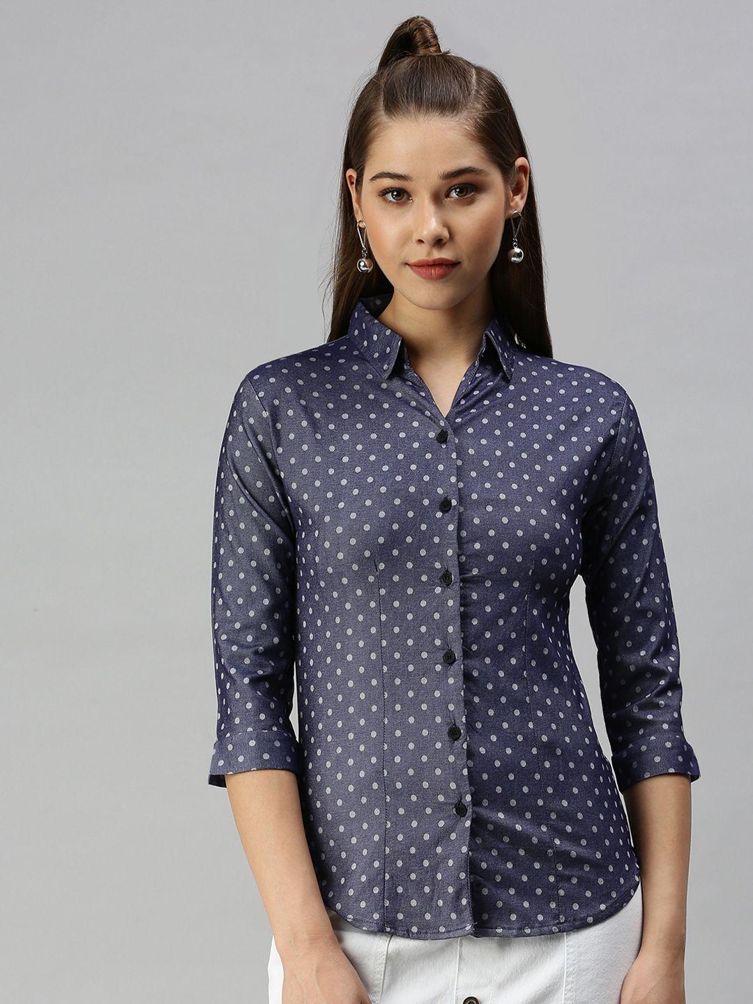 showoff women navy blue semi skinny fit printed casual shirt