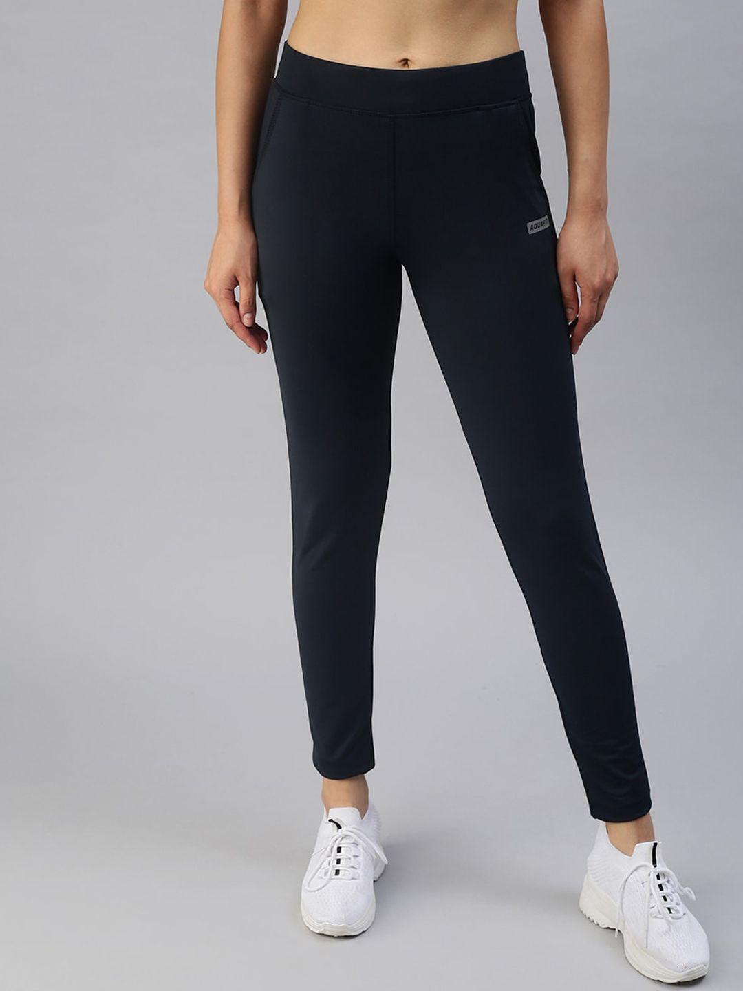 showoff women navy blue solid slim fit dry fit track pants