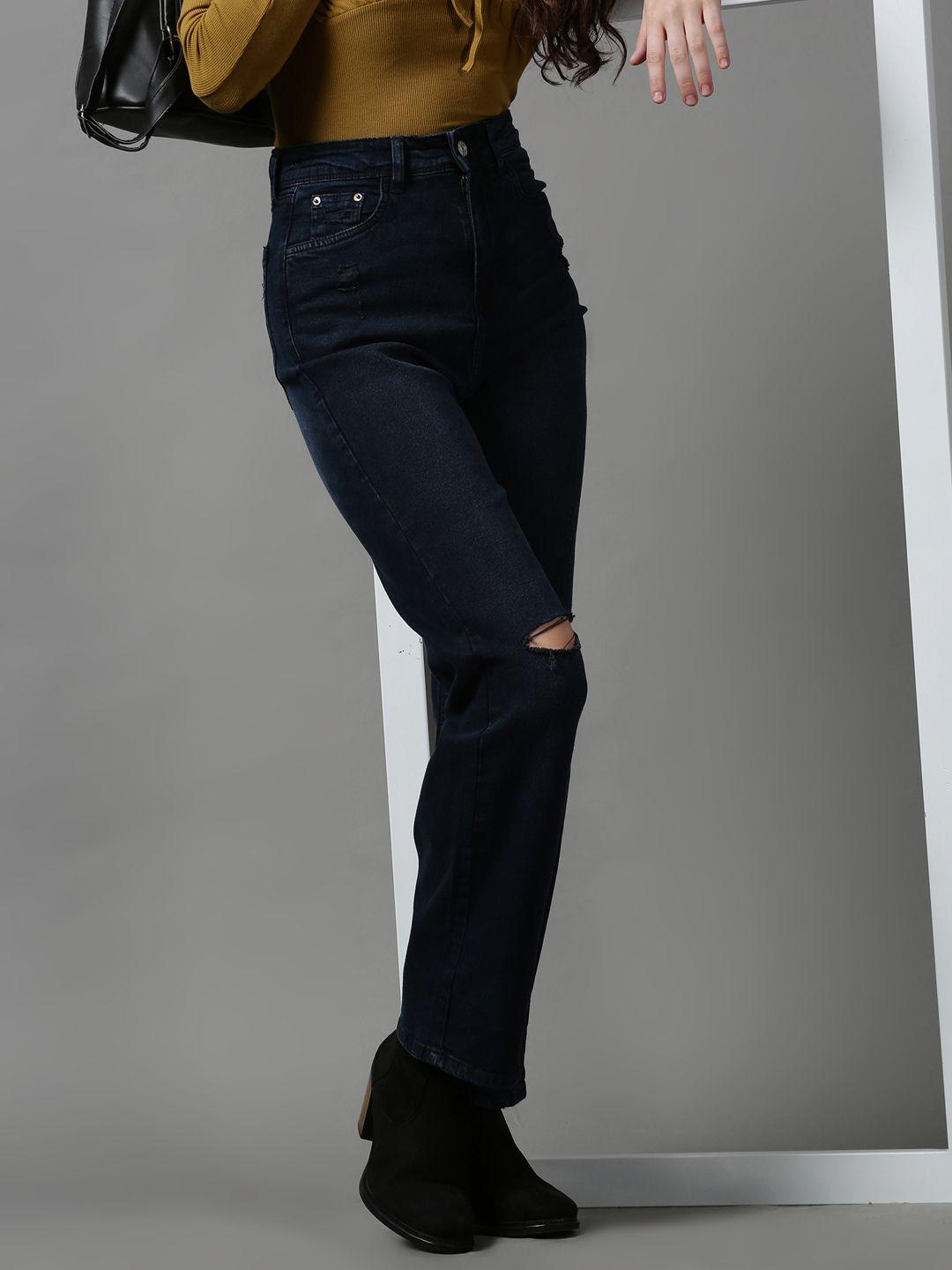 showoff women navy blue wide leg stretchable jeans
