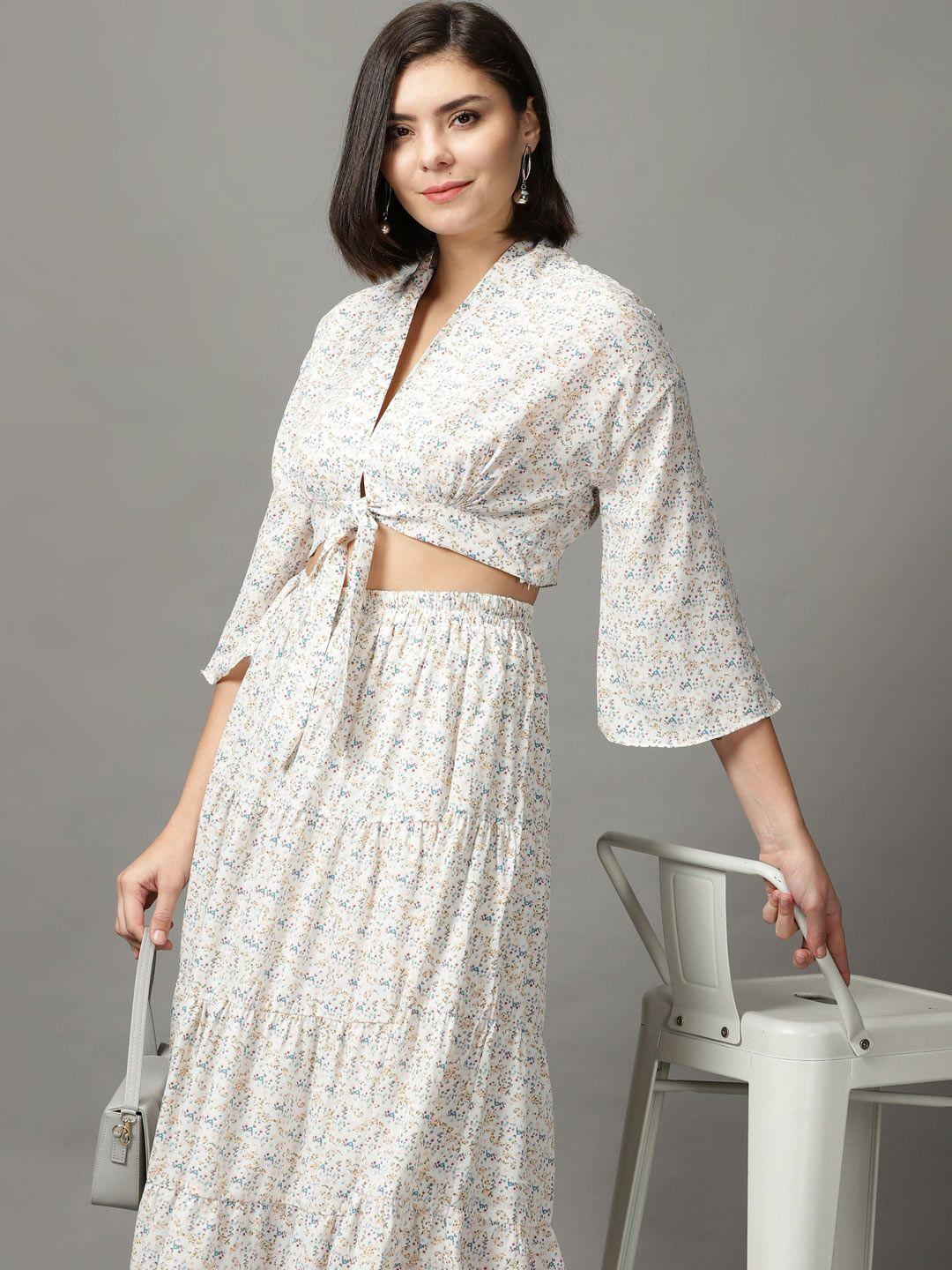 showoff women off white printed top with skirt co-ords