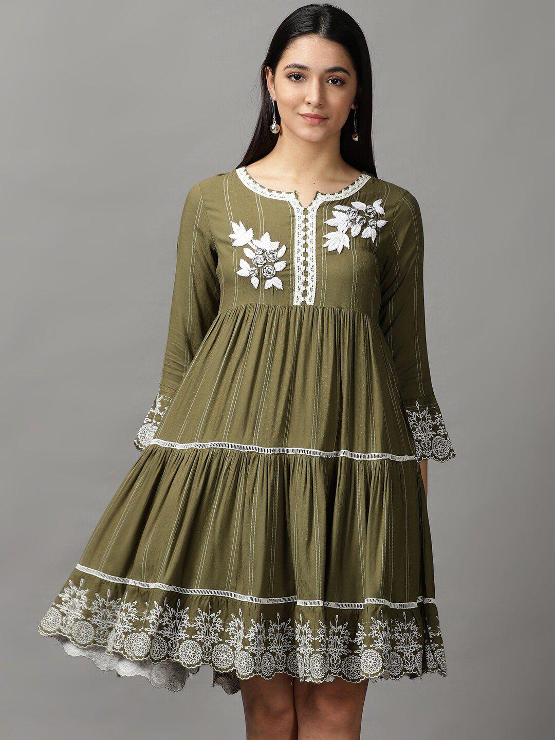 showoff women olive green floral embroidered layered a-line dress