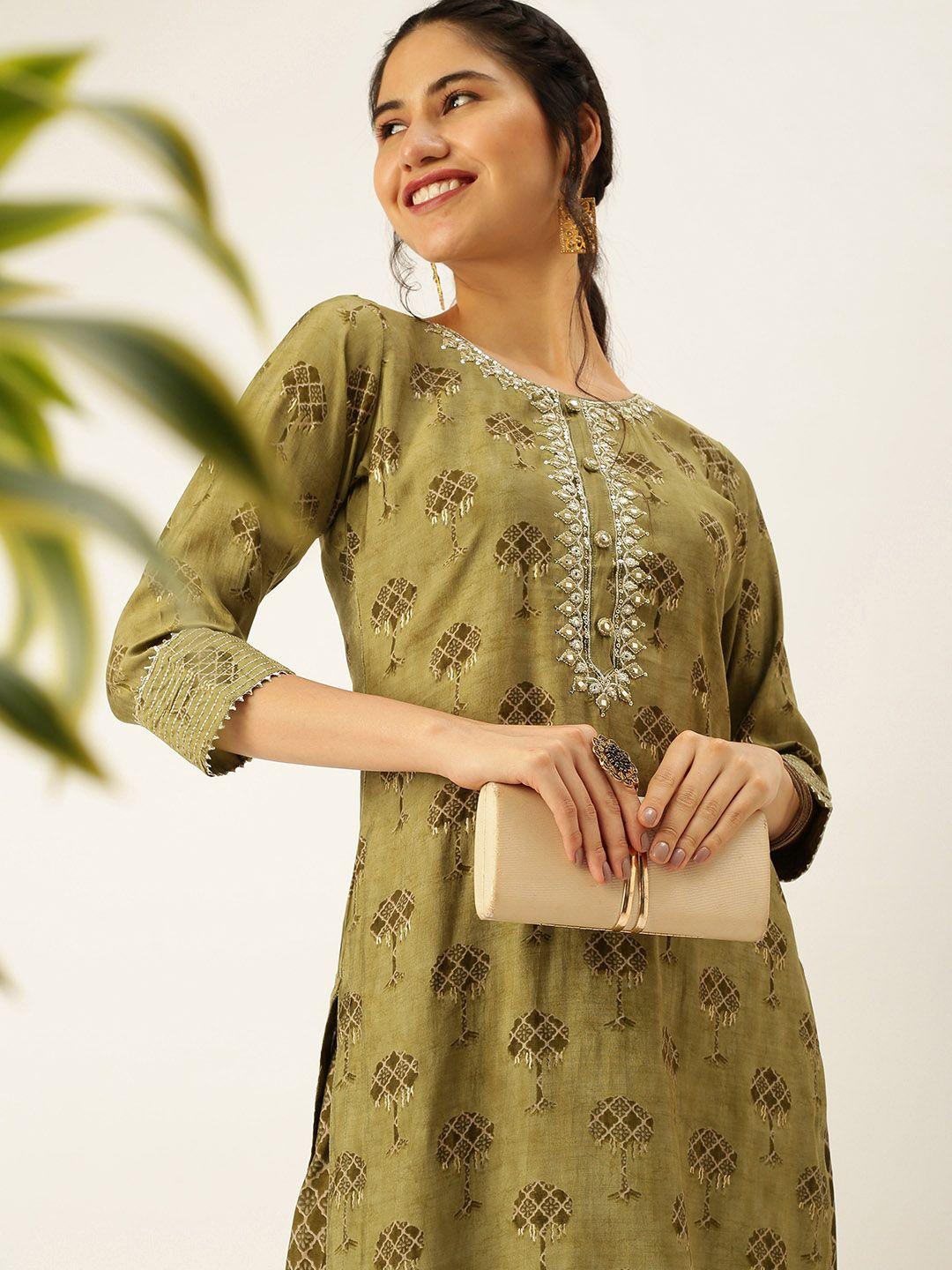 showoff women olive green floral printed kurti with palazzos