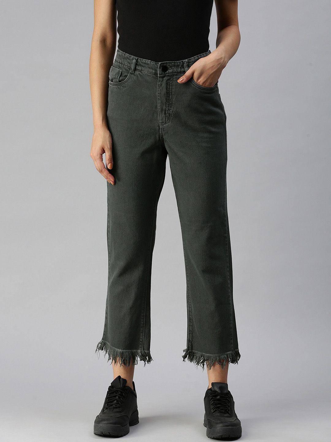 showoff women olive green relaxed fit high-rise stretchable jeans