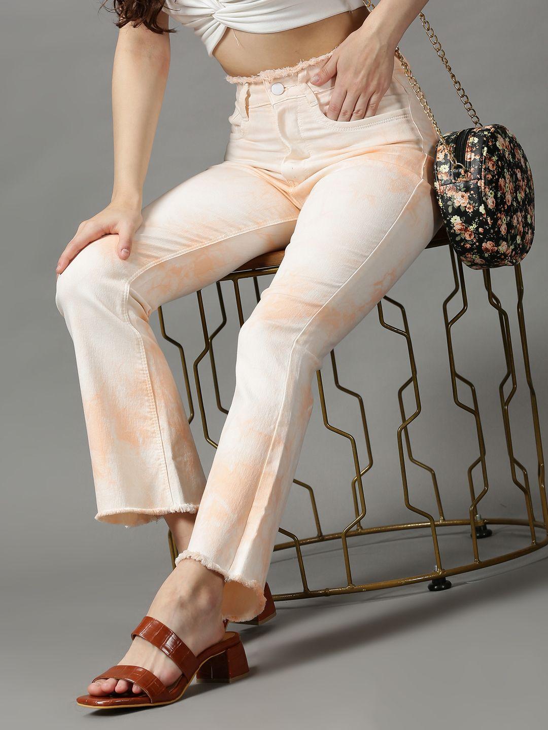 showoff women peach-coloured bootcut light fade clean look stretchable jeans