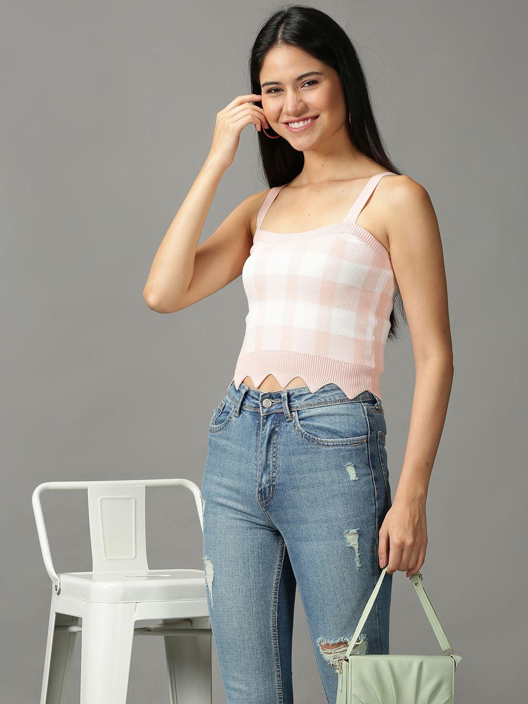 showoff women pink checked fitted crop top