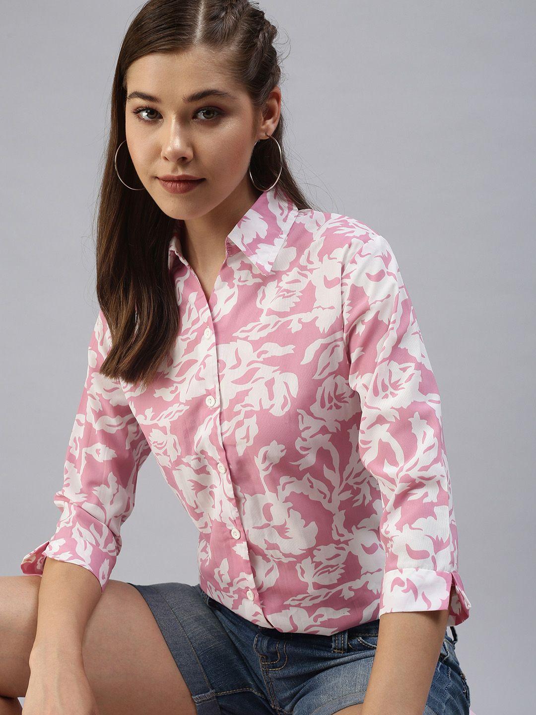 showoff women pink comfort abstract printed casual shirt