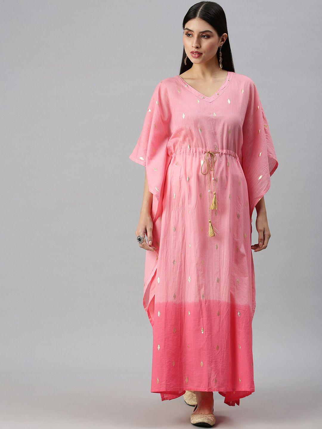 showoff women pink woven design extended sleeves kaftan kurta