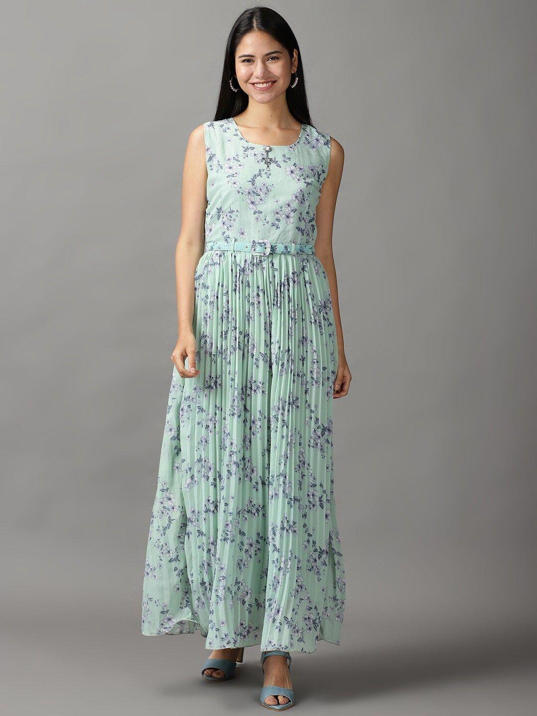 showoff women sea green & navy blue floral maxi dress