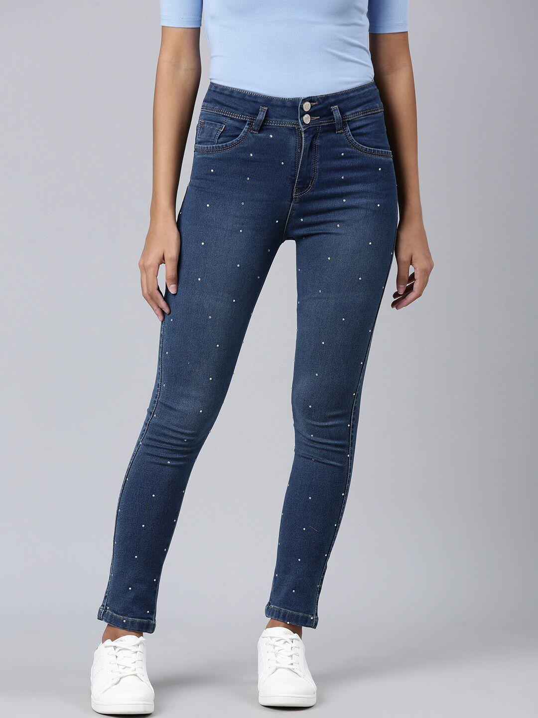 showoff women slim fit light fade embellished stretchable jeans