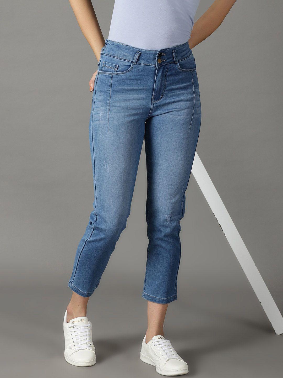 showoff women slim fit low distress light fade acid wash stretchable cotton jeans