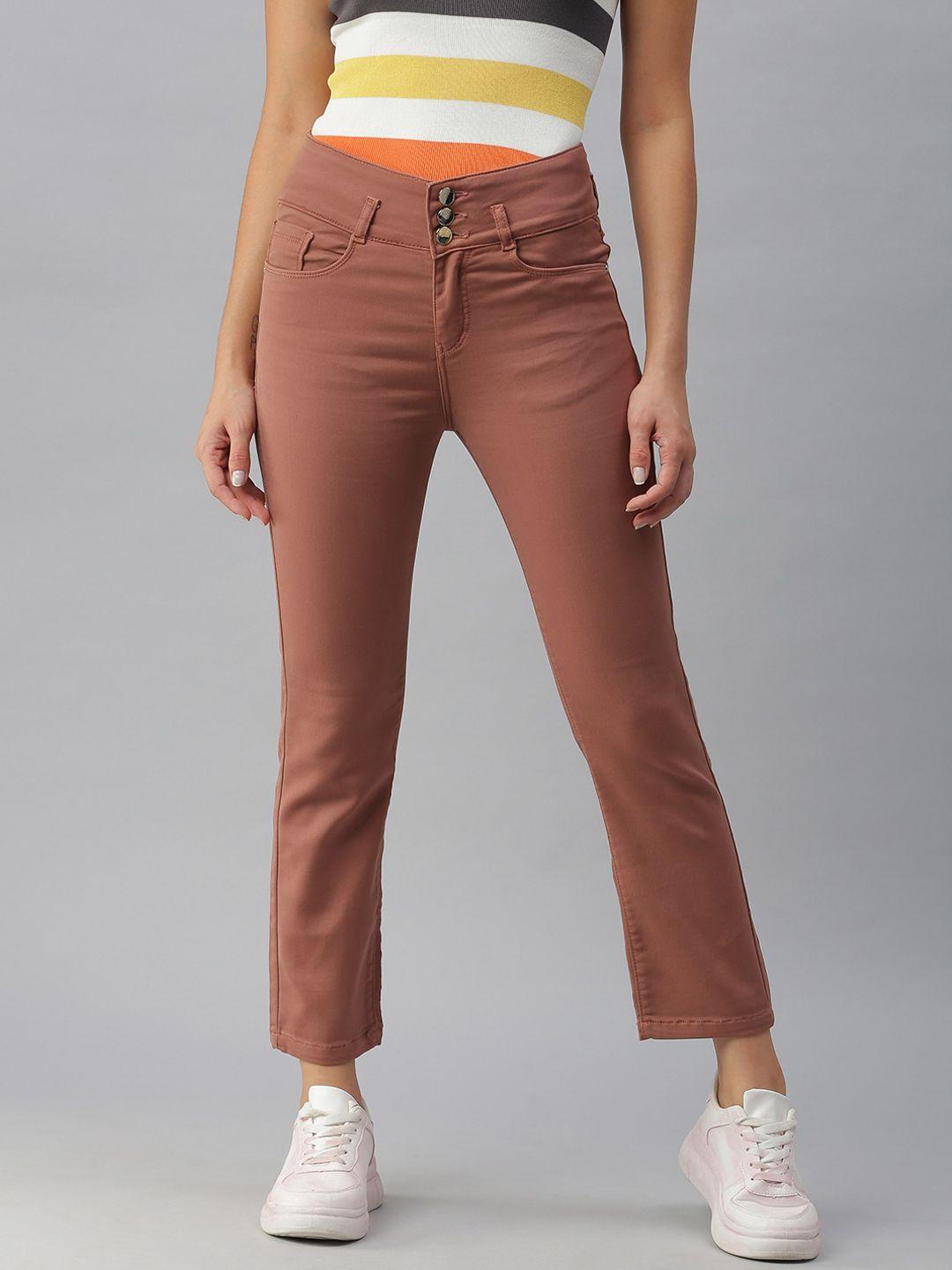 showoff women taupe straight fit high-rise stretchable jeans