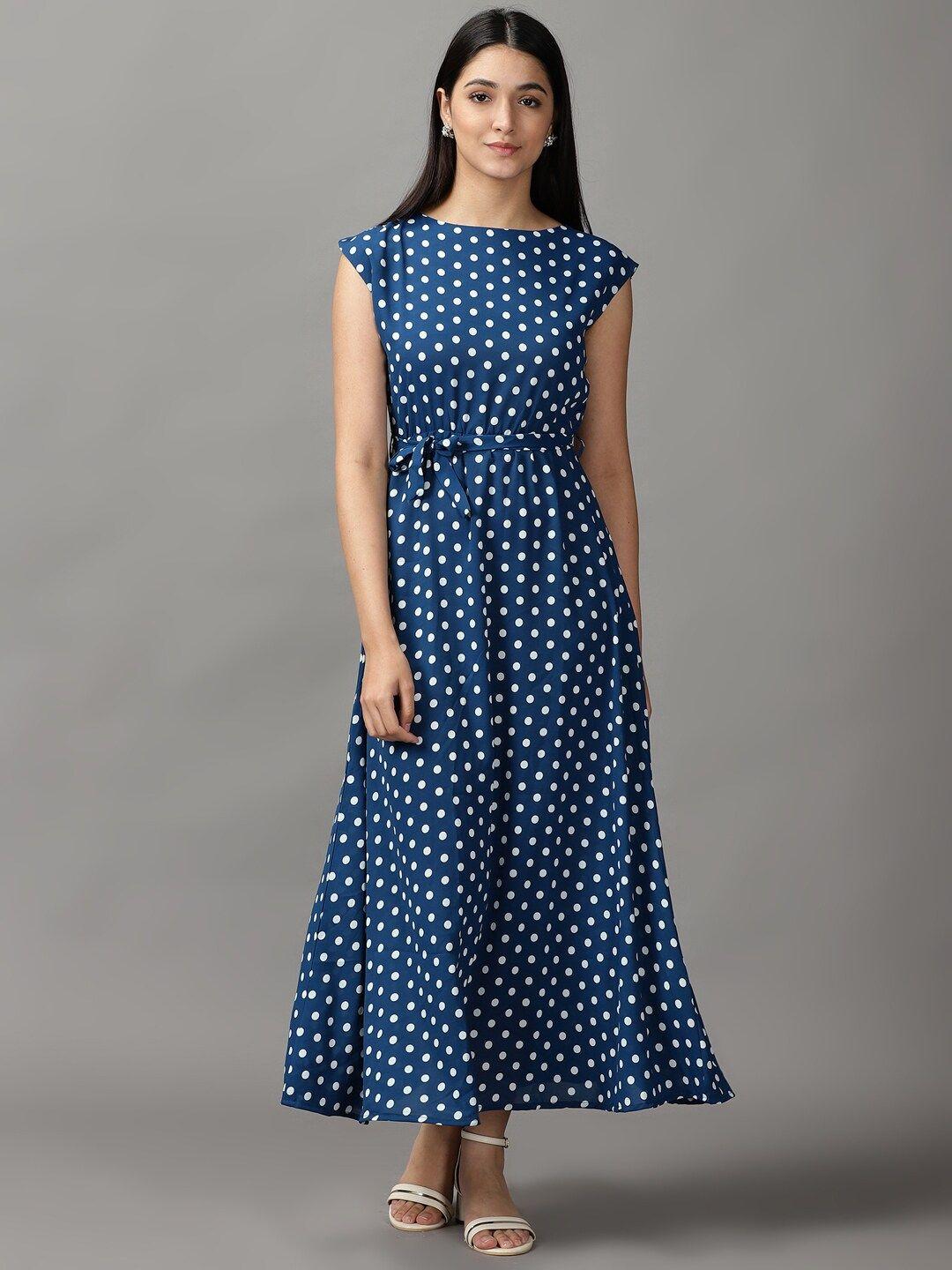 showoff women teal & white polka dots maxi dress