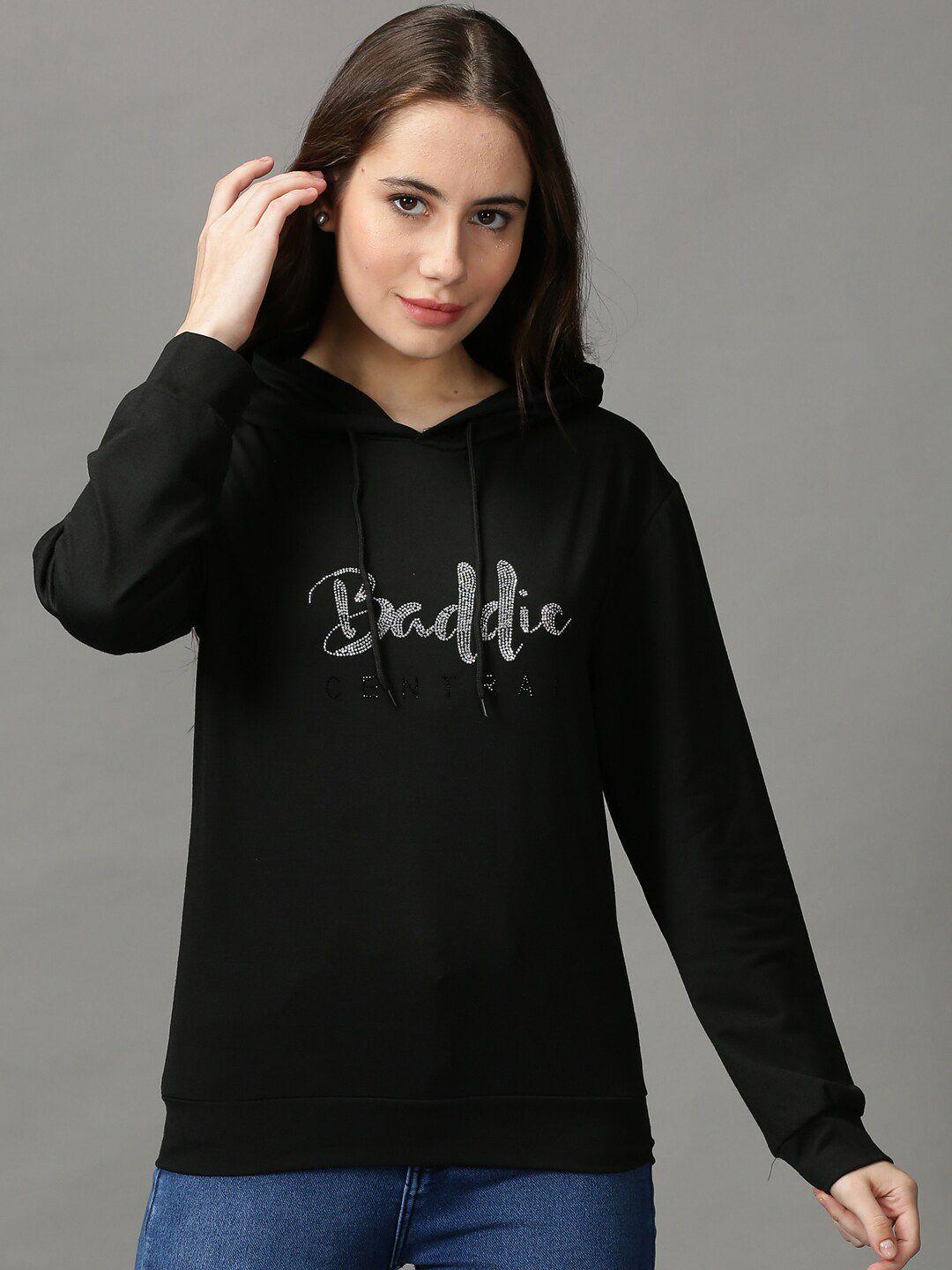 showoff women typography embellished hooded pullover sweatshirt