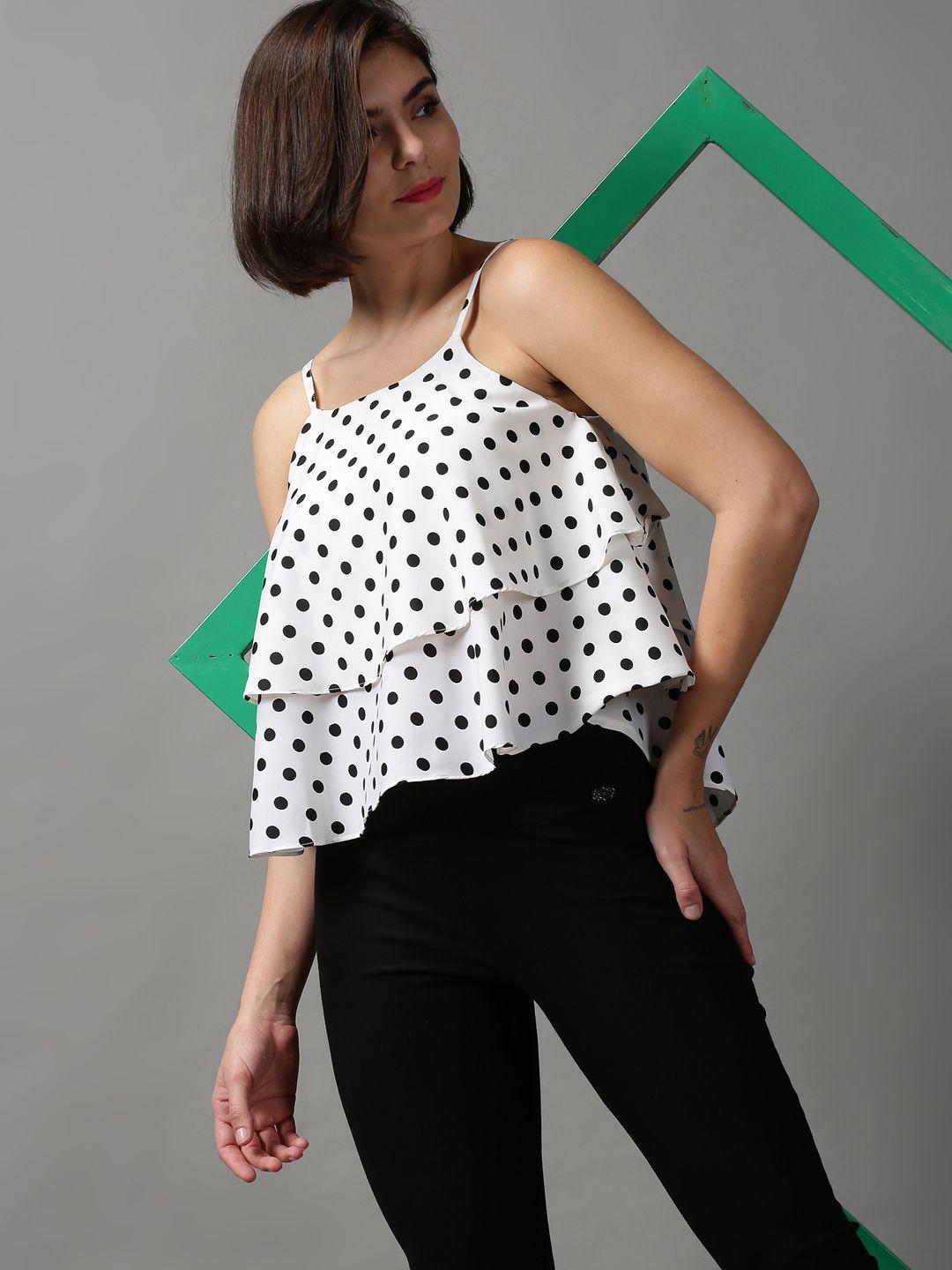 showoff women white & black polka dots print layered styled back top