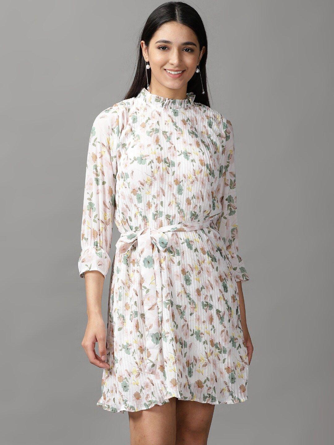 showoff women white & green floral printed dress