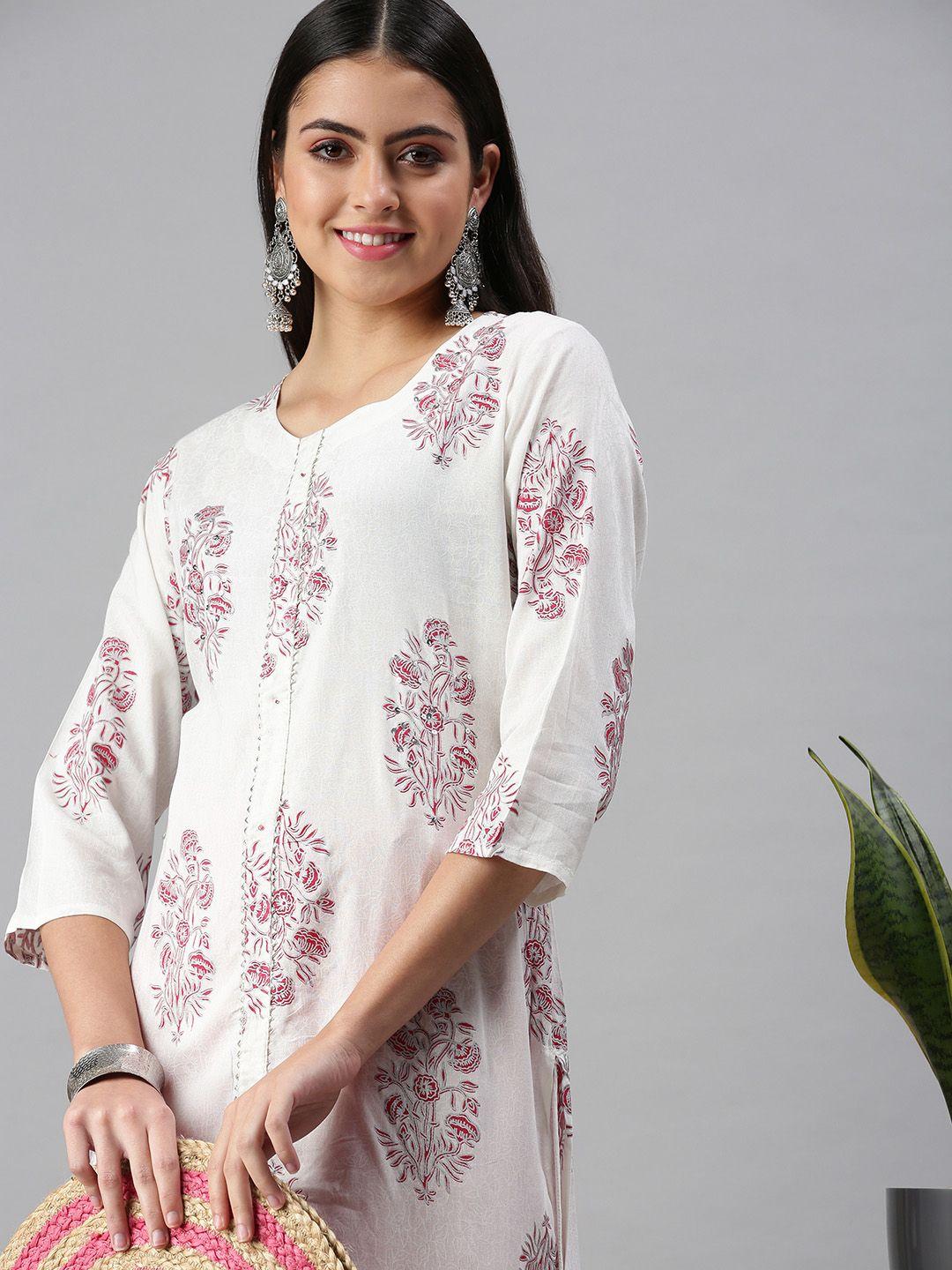showoff women white & pink floral embroidered sequinned kurta with trousers