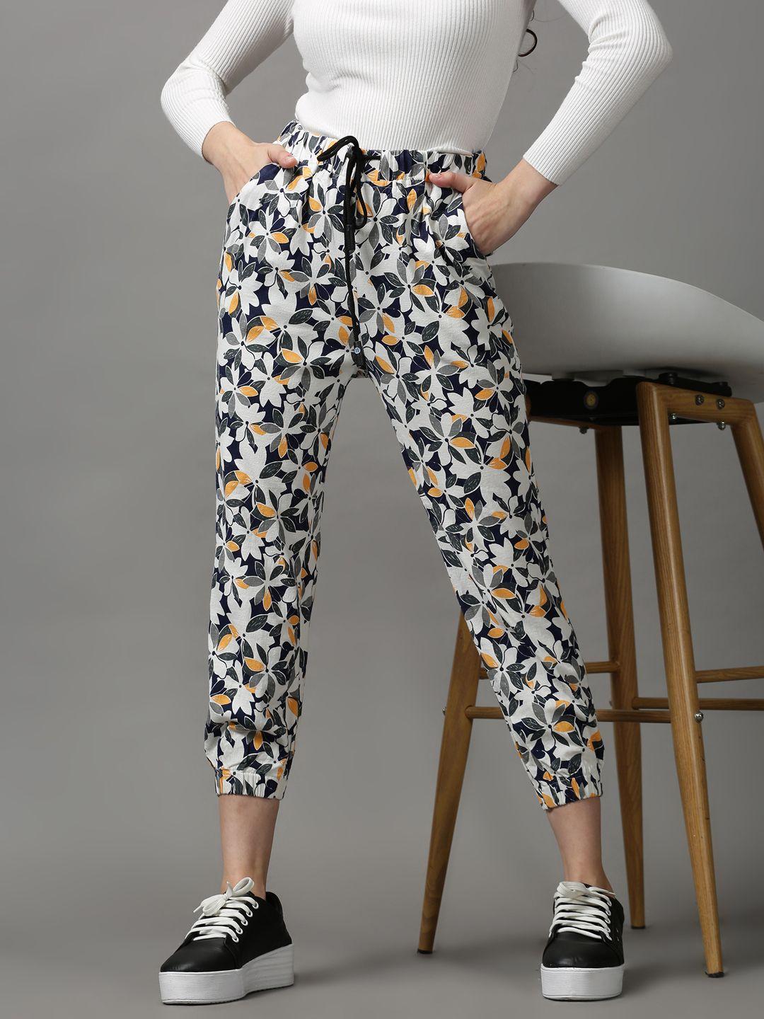 showoff women white floral printed cotton joggers trousers