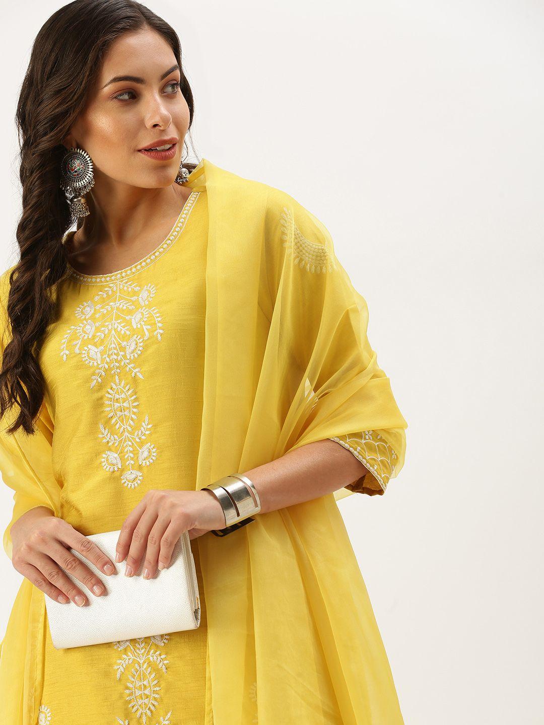 showoff women yellow ethnic motifs embroidered thread work kurta set