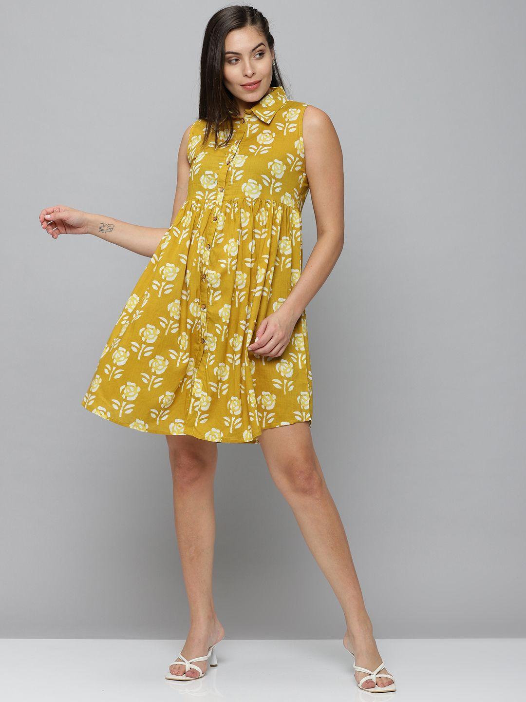 showoff women yellow floral printed a-line dress