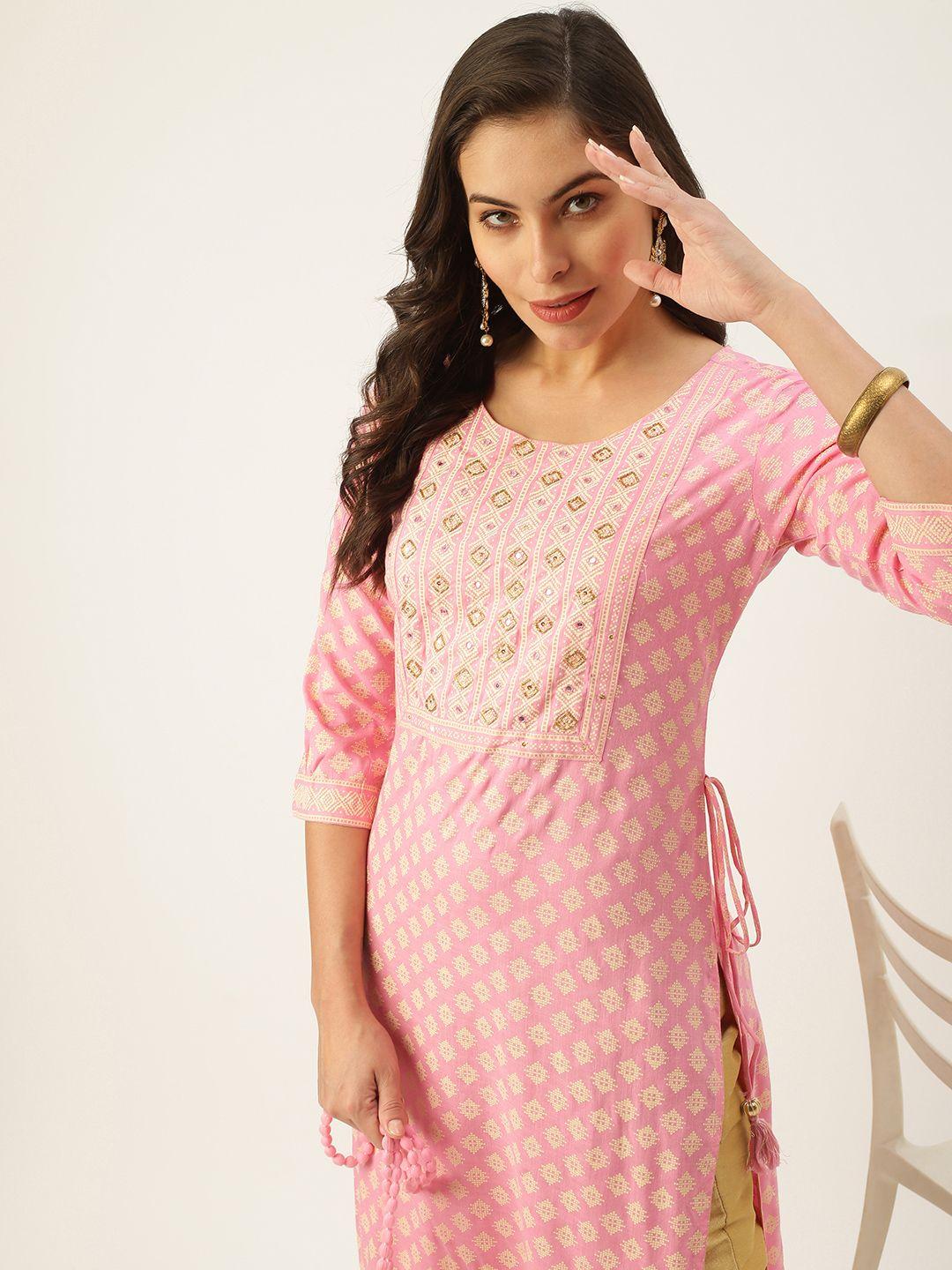 showoff women's round neck ethnic motifs pink straight kurta