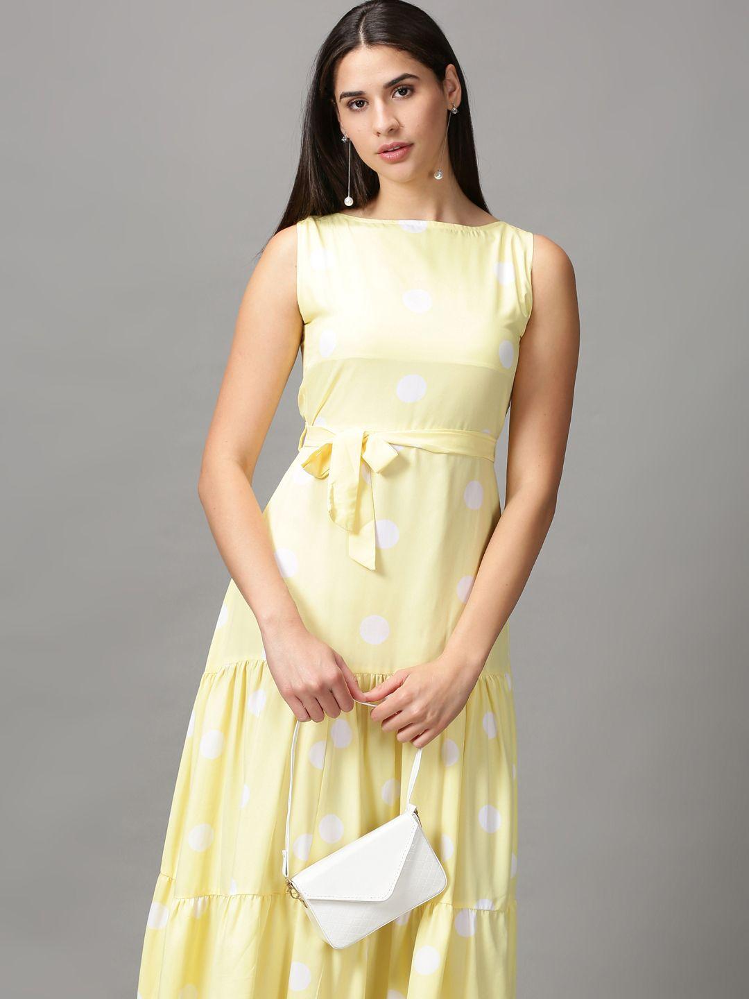 showoff yellow & white chiffon a-line midi dress
