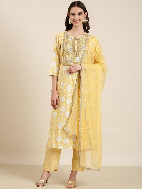 showoff yellow embellished kurta with pants & dupatta