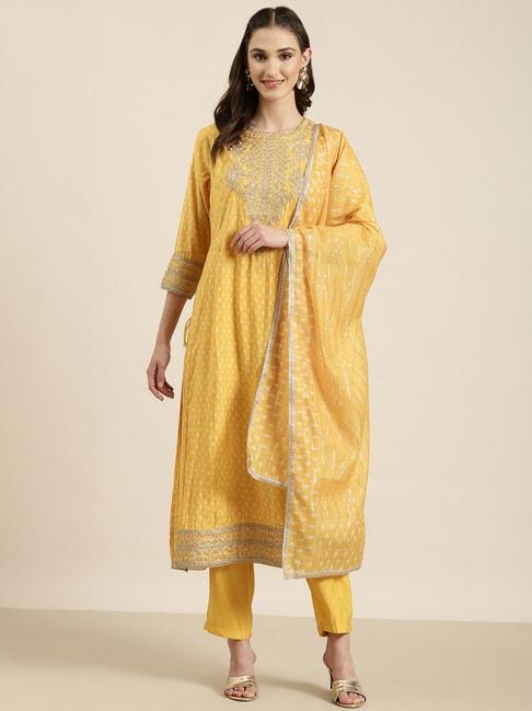 showoff yellow embellished kurta with pants & dupatta