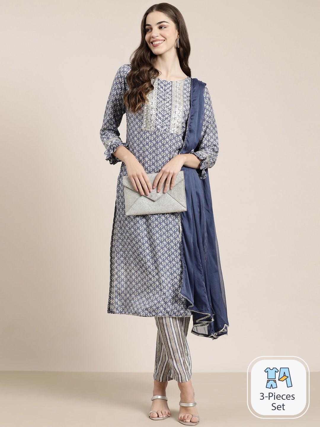 showoff  ethnic motifs printed bell sleeves gotta patti kurta with trousers & dupatta